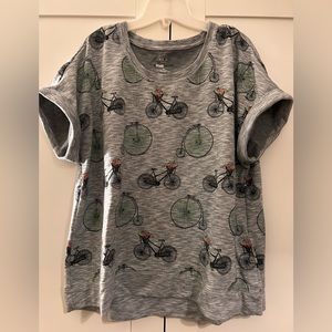 Style and co, grey, short sleeve, lightweight sweatshirt with bicycles. 1X